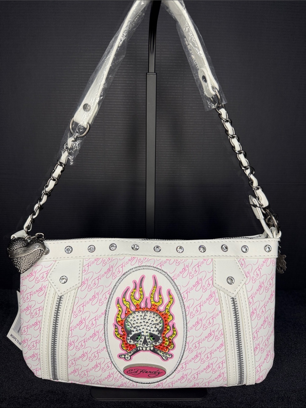 Ed Hardy White & Pink Skull Flame Chain-Handle Shoulder Bag